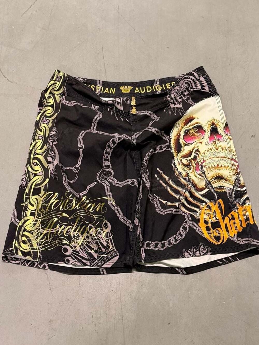 Christian Audigier Vintage Rhinestone Skull and Chains Board Shorts Size 38